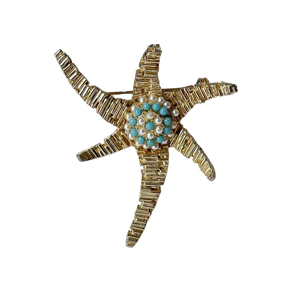 1960's Gold Plate Faux Seed Pearls Turquoise Beads Star Starfish Brooch Pin